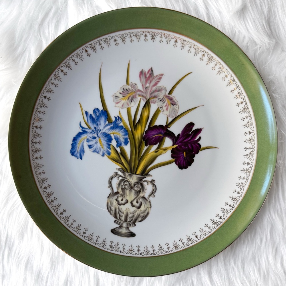 Vintage Andrea by Sadek Floral Decorative Iris Flower Vase Cake Plate Green Gold